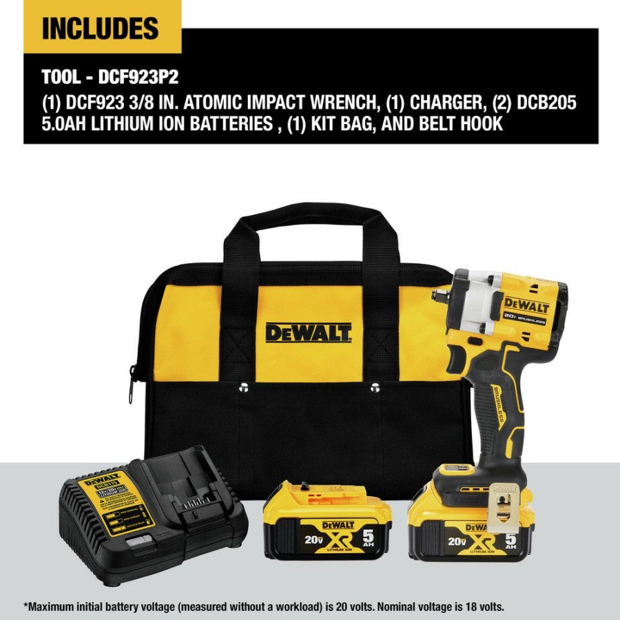 Power Tools * | Dewalt Dcf923P2 Atomic 20V Max Brushless Lithium-Ion 3/8 In. Cordless Impact Wrench With Hog Ring Anvil Kit With 2 Batteries (5 Ah)