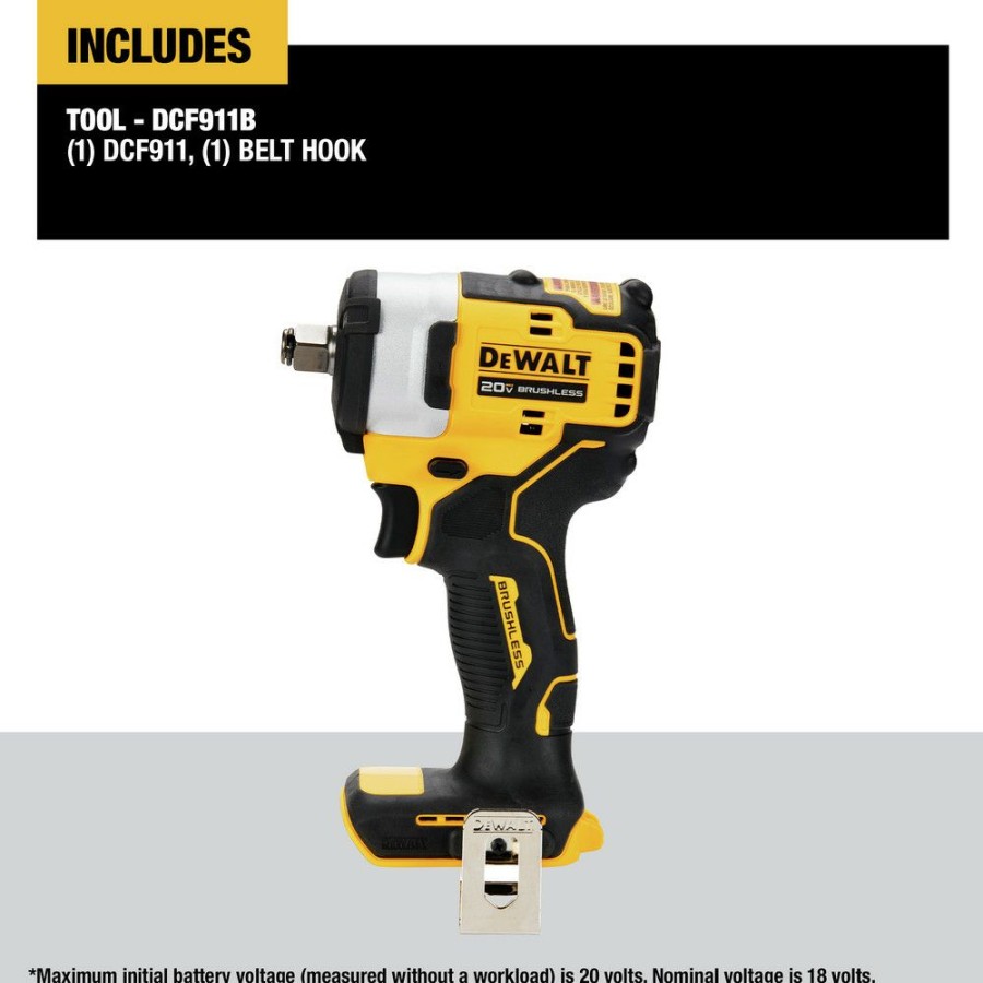 Power Tools * | Dewalt Dcf911B 20V Max Brushless Lithium-Ion 1/2 In. Cordless Impact Wrench With Hog Ring Anvil (Tool Only)