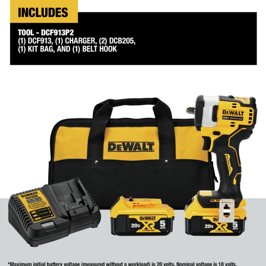 Power Tools * | Dewalt Dcf913P2 20V Max Brushless Lithium-Ion 3/8 In. Cordless Impact Wrench With Hog Ring Anvil Kit With 2 Batteries (5 Ah)