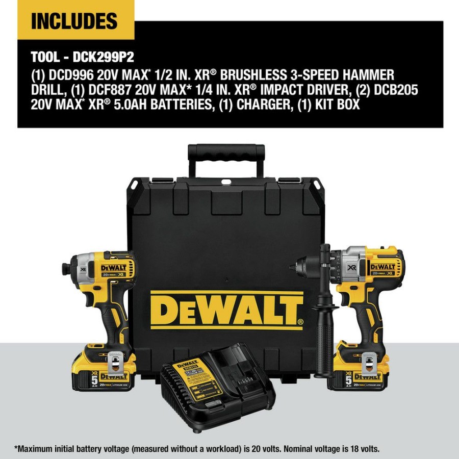 Power Tools * | Dewalt Dck299P2 2-Tool Combo Kit 20V Max Xr Brushless Cordless Hammer Drill & Impact Driver Kit With 2 Batteries (5 Ah)