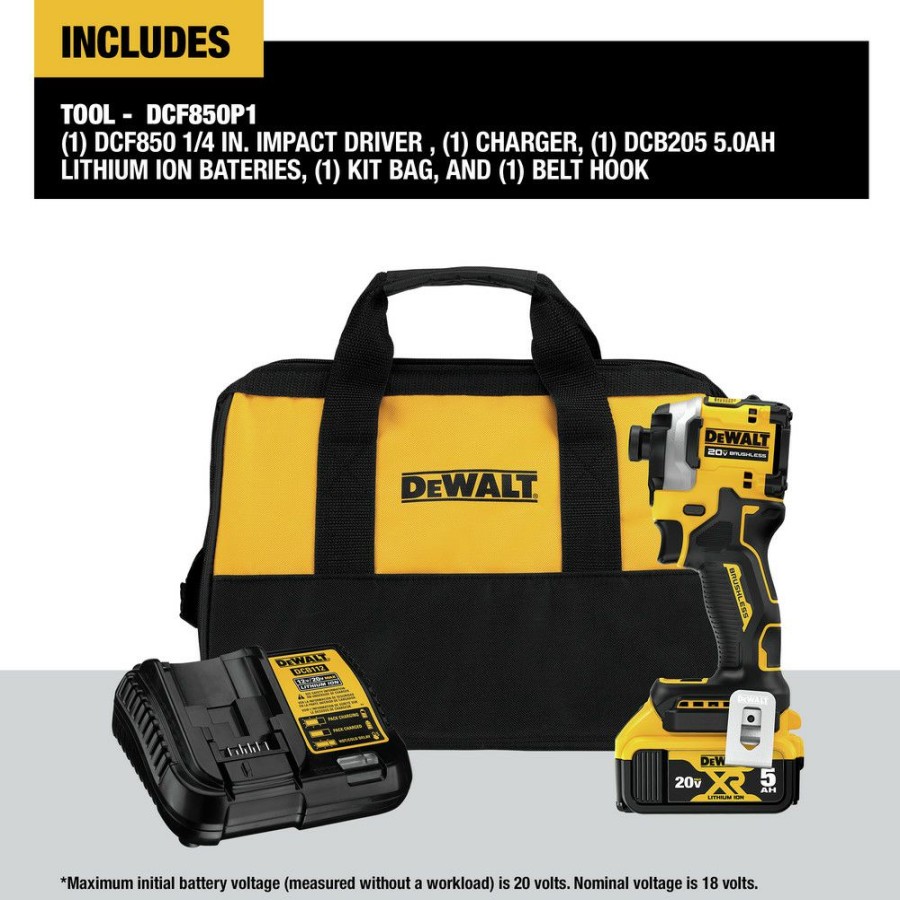 Power Tools * | Dewalt Dcf850P1 Atomic 20V Max Brushless Lithium-Ion 1/4 In. Cordless 3-Speed Impact Driver Kit (5 Ah)