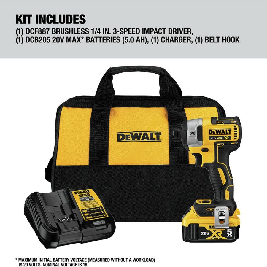 Power Tools * | Dewalt Dcf887P1 20V Max Xr Brushless Lithium-Ion 1/4 In. Cordless 3-Speed Impact Driver Kit (5 Ah)