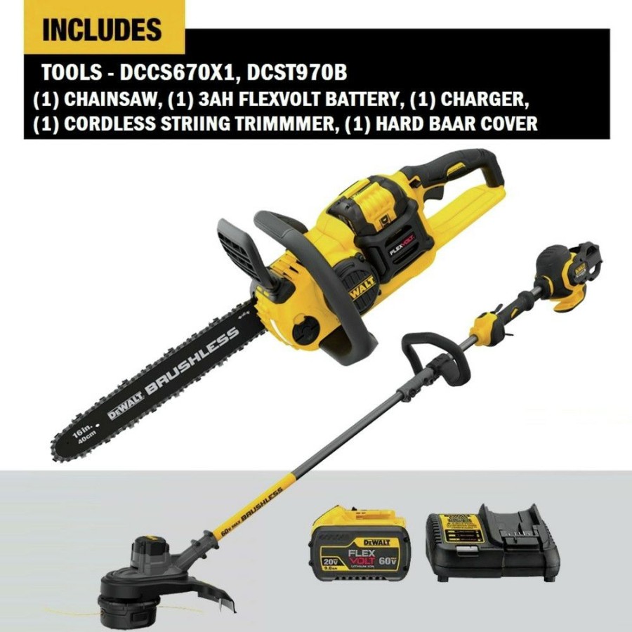 Outdoor Tools And Equipment * | Dewalt Dccs670X1-Dcst970B 60V Max Flexvolt Brushless Lithium-Ion 16 In. Cordless Chainsaw And String Trimmer Bundle (3 Ah)