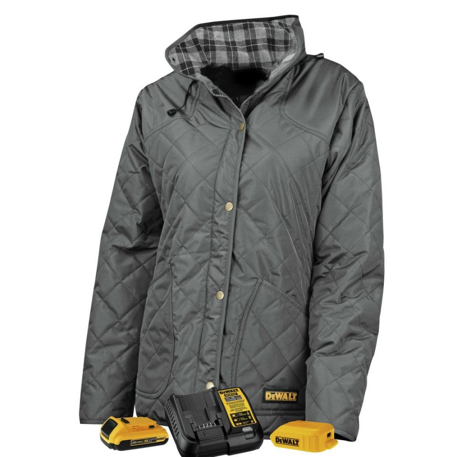 Clothing And Gear * | Dewalt Dchj084Cd1-L 20V Max Li-Ion Charcoal Women'S Flannel Lined Diamond Quilted Heated Jacket Kit Large