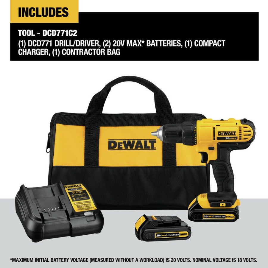 Power Tools * | Dewalt Dcd771C2 20V Max Brushed Lithium-Ion 1/2 In. Cordless Compact Drill Driver Kit With 2 Batteries (1.3 Ah)