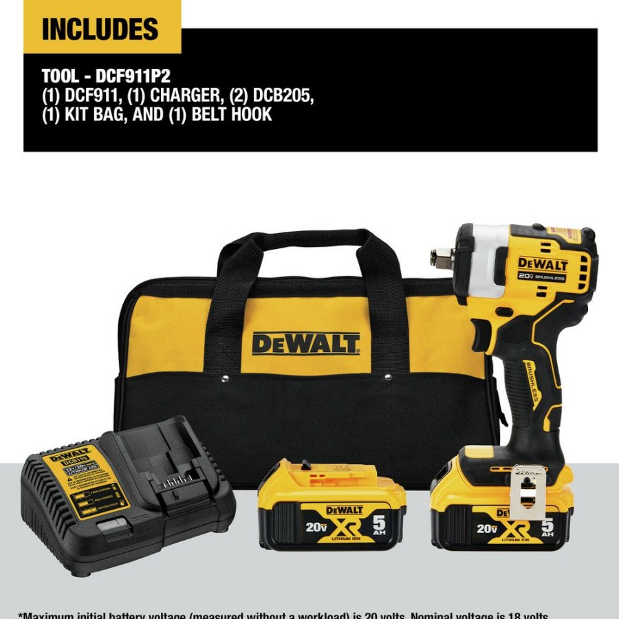 Power Tools * | Dewalt Dcf911P2 20V Max Brushless Lithium-Ion 1/2 In. Cordless Impact Wrench With Hog Ring Anvil Kit With 2 Batteries (5 Ah)