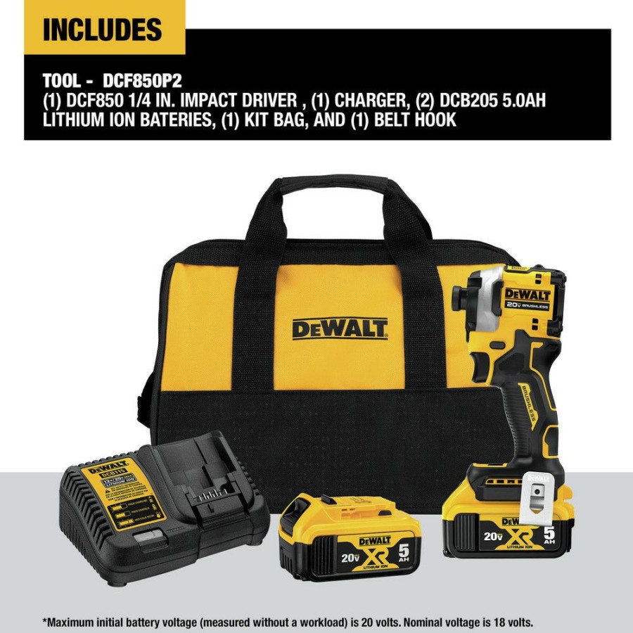 Power Tools * | Dewalt Dcf850P2 Atomic 20V Max Brushless Lithium-Ion 1/4 In. Cordless 3-Speed Impact Driver Kit With 2 Batteries (5 Ah)