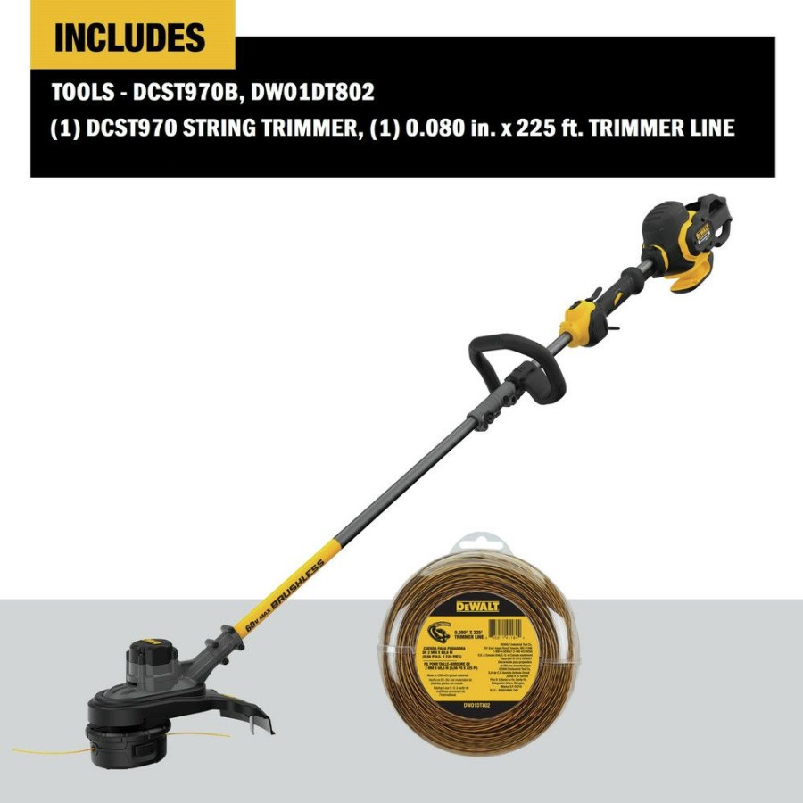 Outdoor Tools And Equipment * | Dewalt Dcst970B-Dwo1Dt802 60V Max Flexvolt Brushless Lithium-Ion Cordless String Trimmer And 0.080 In. X 225 Ft. String Trimmer Line Bundle (Tool Only)