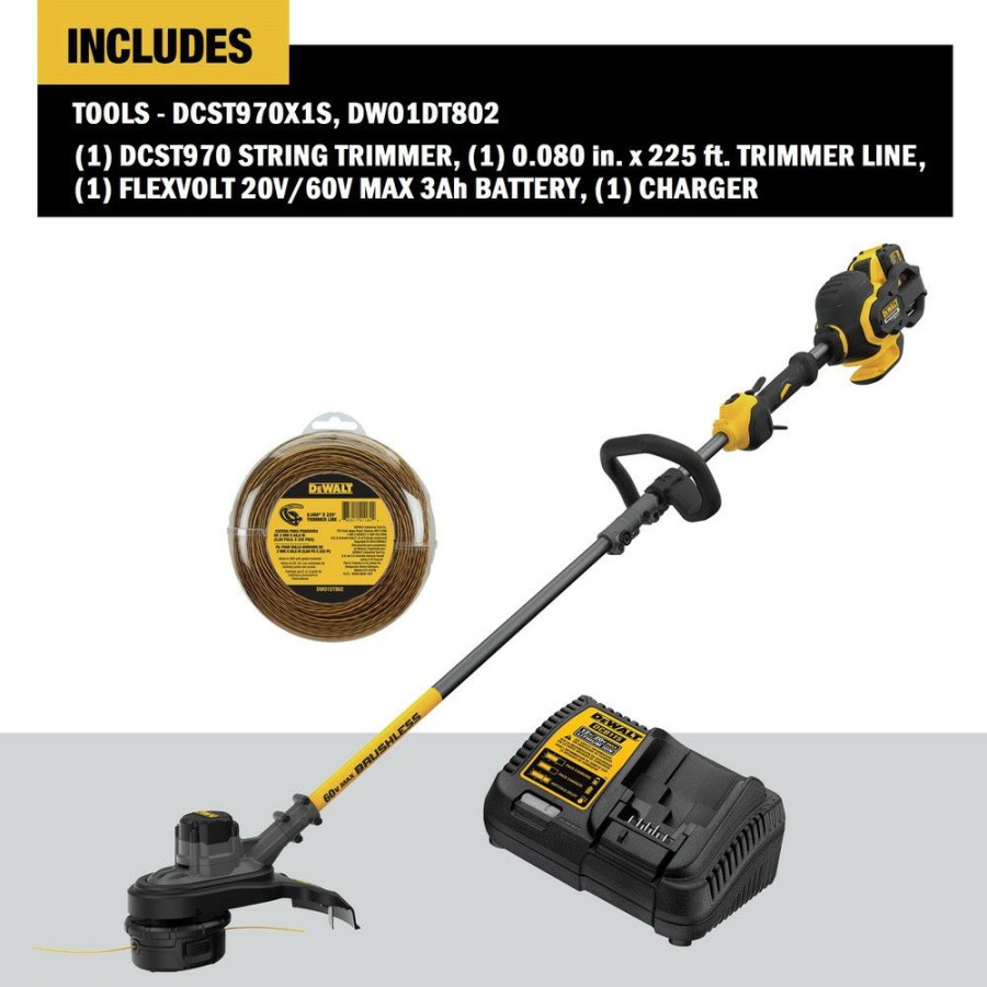 Outdoor Tools And Equipment * | Dewalt Dcst970X1S-Dwo1Dt802 60V Max Flexvolt Brushless Lithium-Ion Cordless String Trimmer And 0.080 In. X 225 Ft. String Trimmer Line Bundle (3 Ah)