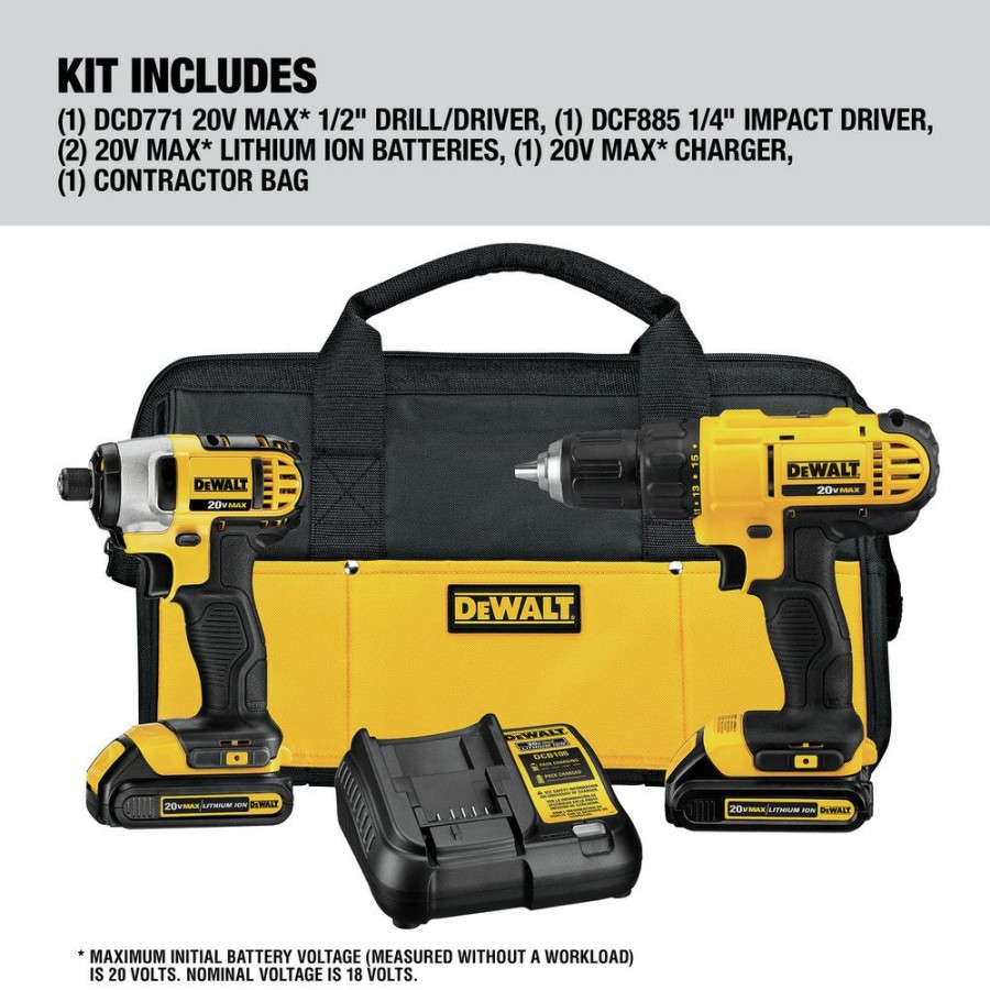 Power Tools * | Dewalt Dck240C2 20V Max Compact Lithium-Ion 1/2 In. Cordless Drill Driver/ 1/4 In. Impact Driver Combo Kit (1.3 Ah)