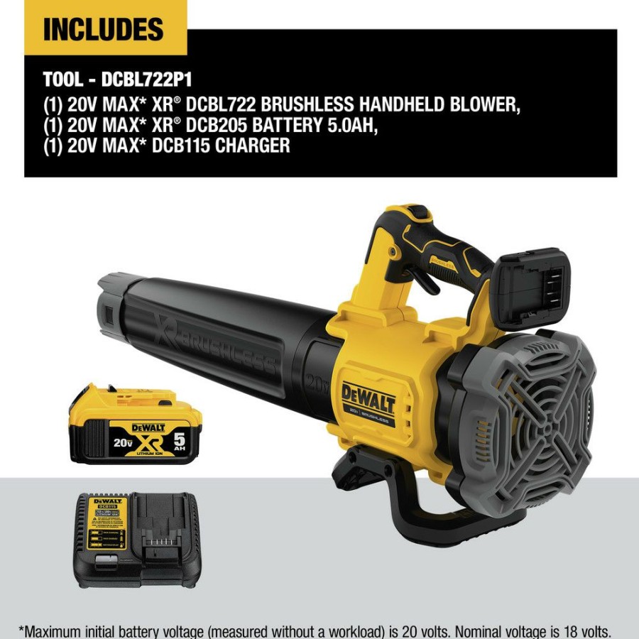 Outdoor Tools And Equipment * | Dewalt Dcbl722P1 20V Max Xr Lithium-Ion Brushless Handheld Cordless Blower Kit (5 Ah)