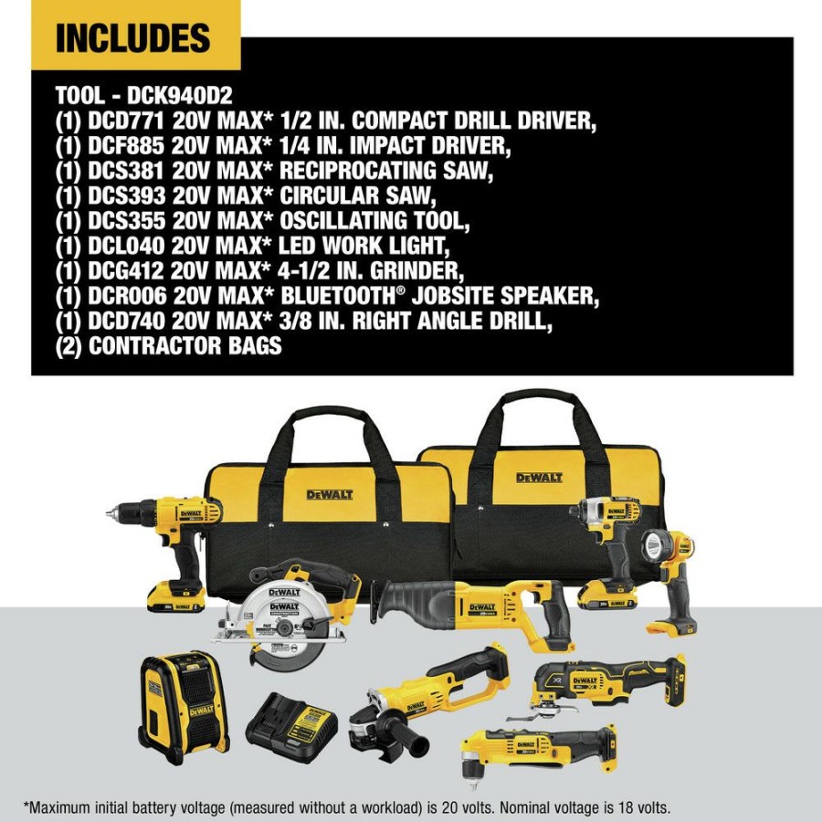 Power Tools * | Dewalt Dck940D2 9-Tool Combo Kit 20V Max Cordless With 2 Batteries (2 Ah)