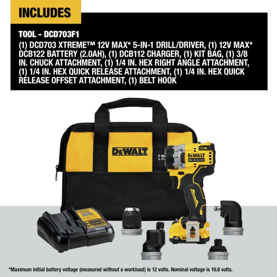 Power Tools * | Dewalt Dcd703F1 Xtreme 12V Max Brushless Lithium-Ion Cordless 5-In-1 Drill Driver Kit (2 Ah)