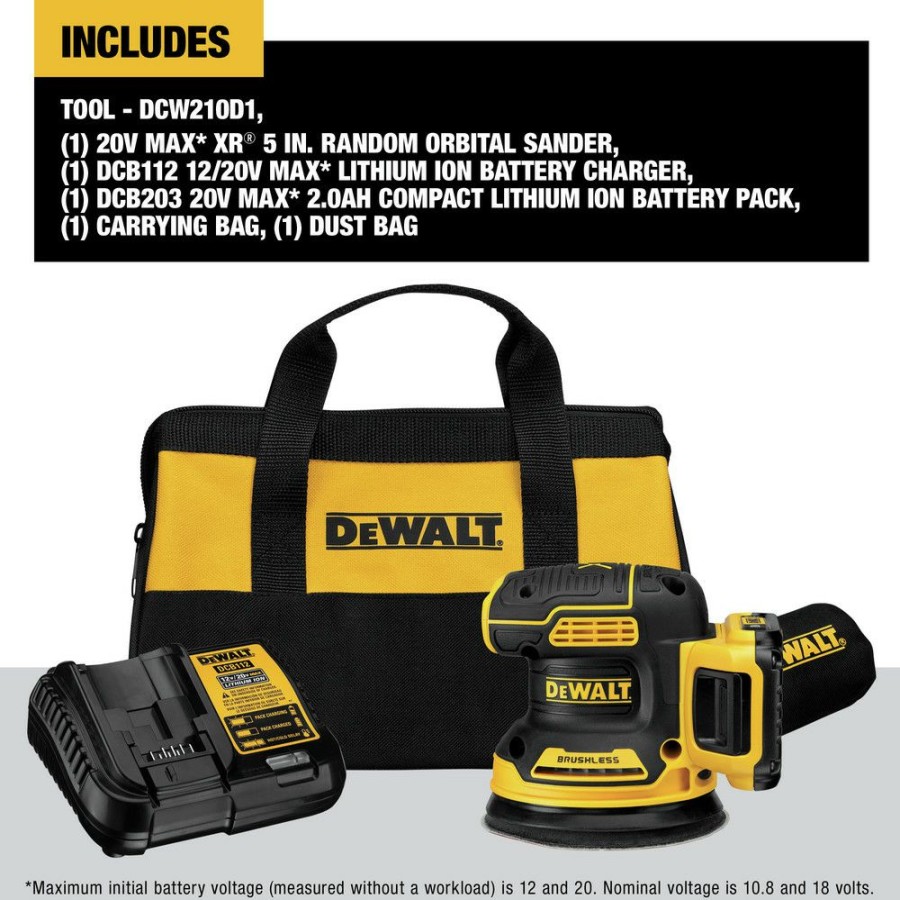 Power Tools * | Dewalt Dcw210D1 20V Max Xr Brushless Lithium-Ion Variable Speed 5 In. Cordless Random Orbital Sander Kit (2 Ah)