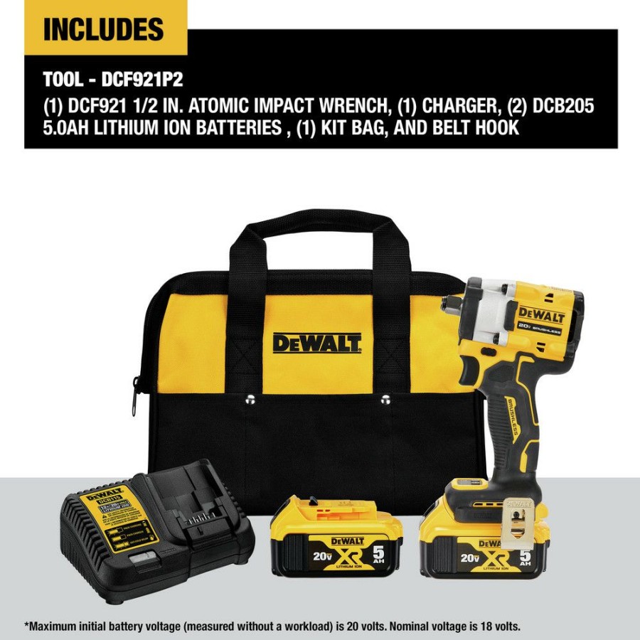 Power Tools * | Dewalt Dcf921P2 Atomic 20V Max Brushless Lithium-Ion 1/2 In. Cordless Impact Wrench With Hog Ring Anvil Kit With 2 Batteries (5 Ah)