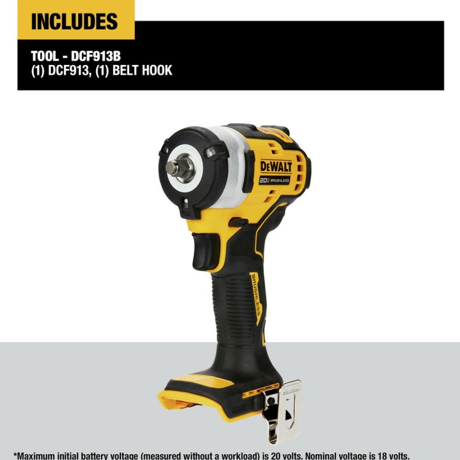 Power Tools * | Dewalt Dcf913B 20V Max Brushless Lithium-Ion 3/8 In. Cordless Impact Wrench With Hog Ring Anvil (Tool Only)