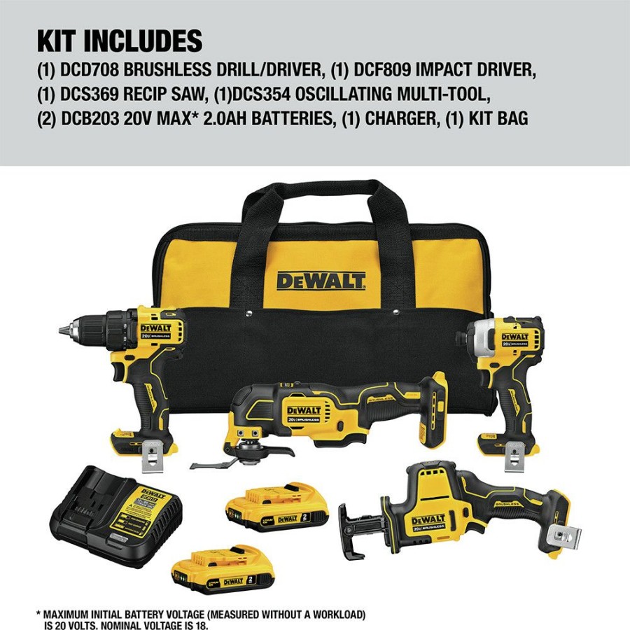 Power Tools * | Dewalt Dck489D2 Atomic 20V Max Brushless Lithium-Ion Cordless 4-Tool Combo Kit (2 Ah)