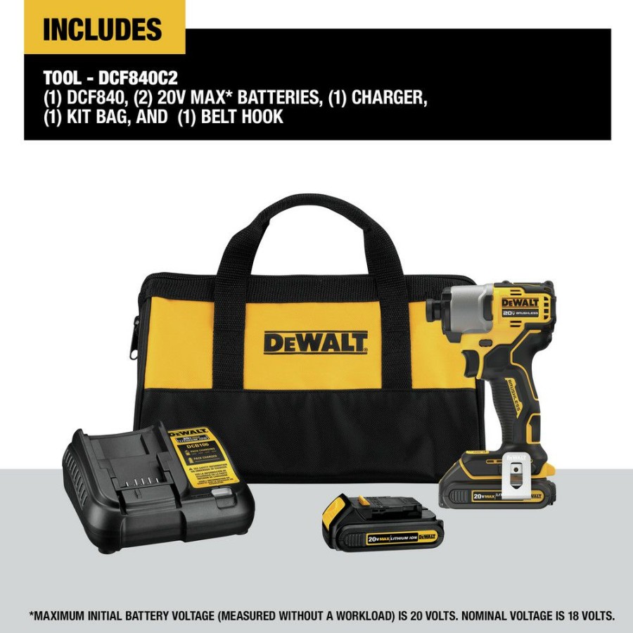 Power Tools * | Dewalt Dcf840C2 20V Max Brushless Lithium-Ion 1/4 In. Cordless Impact Driver Kit With 2 Batteries (1.5 Ah)