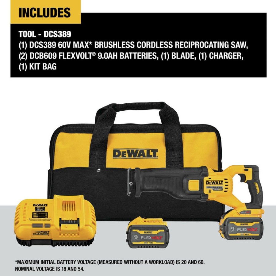 Power Tools * | Dewalt Dcs389X2 Flexvolt 60V Max Brushless Lithium-Ion 1-1/8 In. Cordless Reciprocating Saw Kit With (2) 9 Ah Batteries